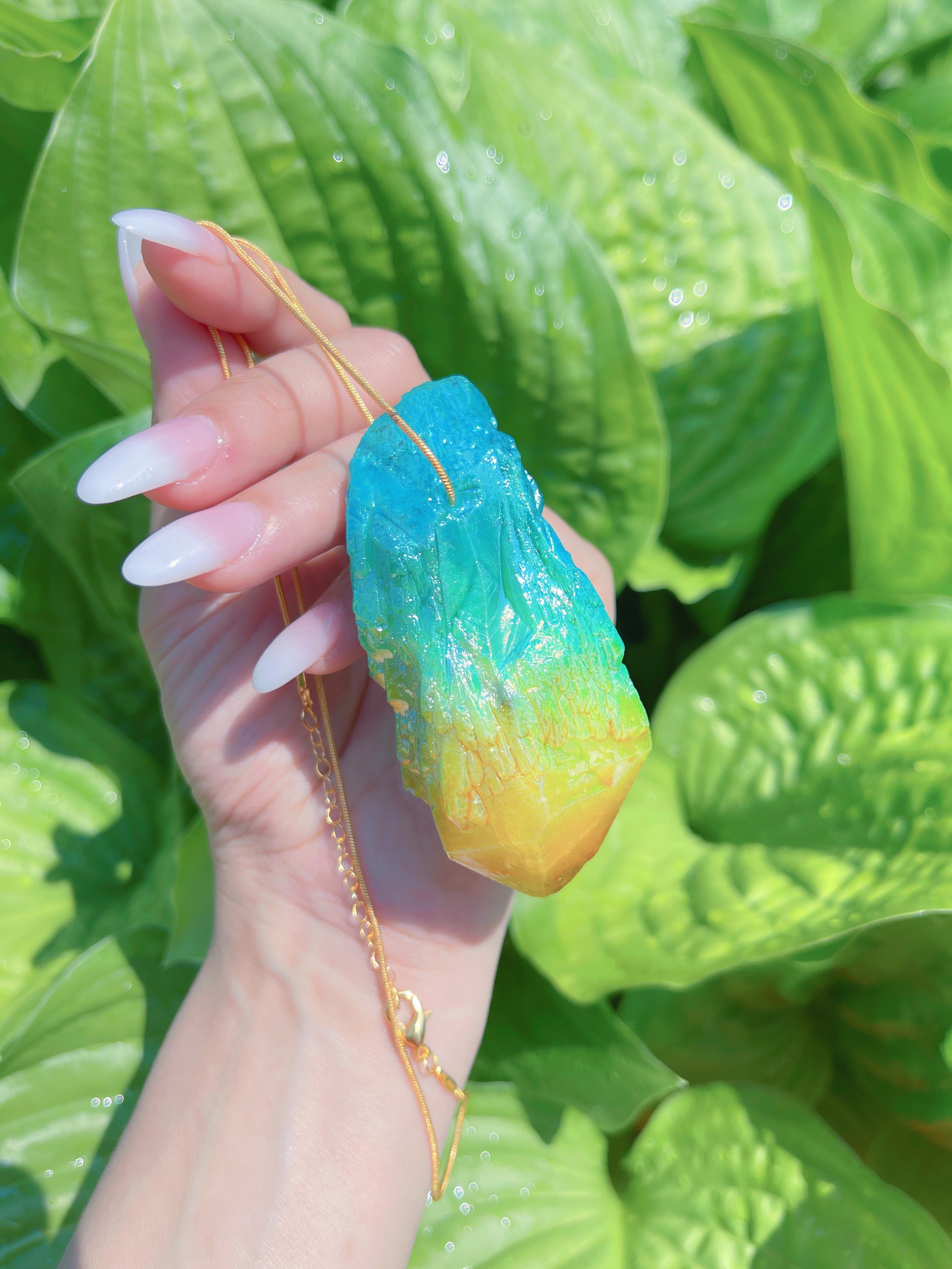 Exotic Natural Bi Color Tourmaline Necklace Pendant Ocean Blue and Yellow Brazil Gem