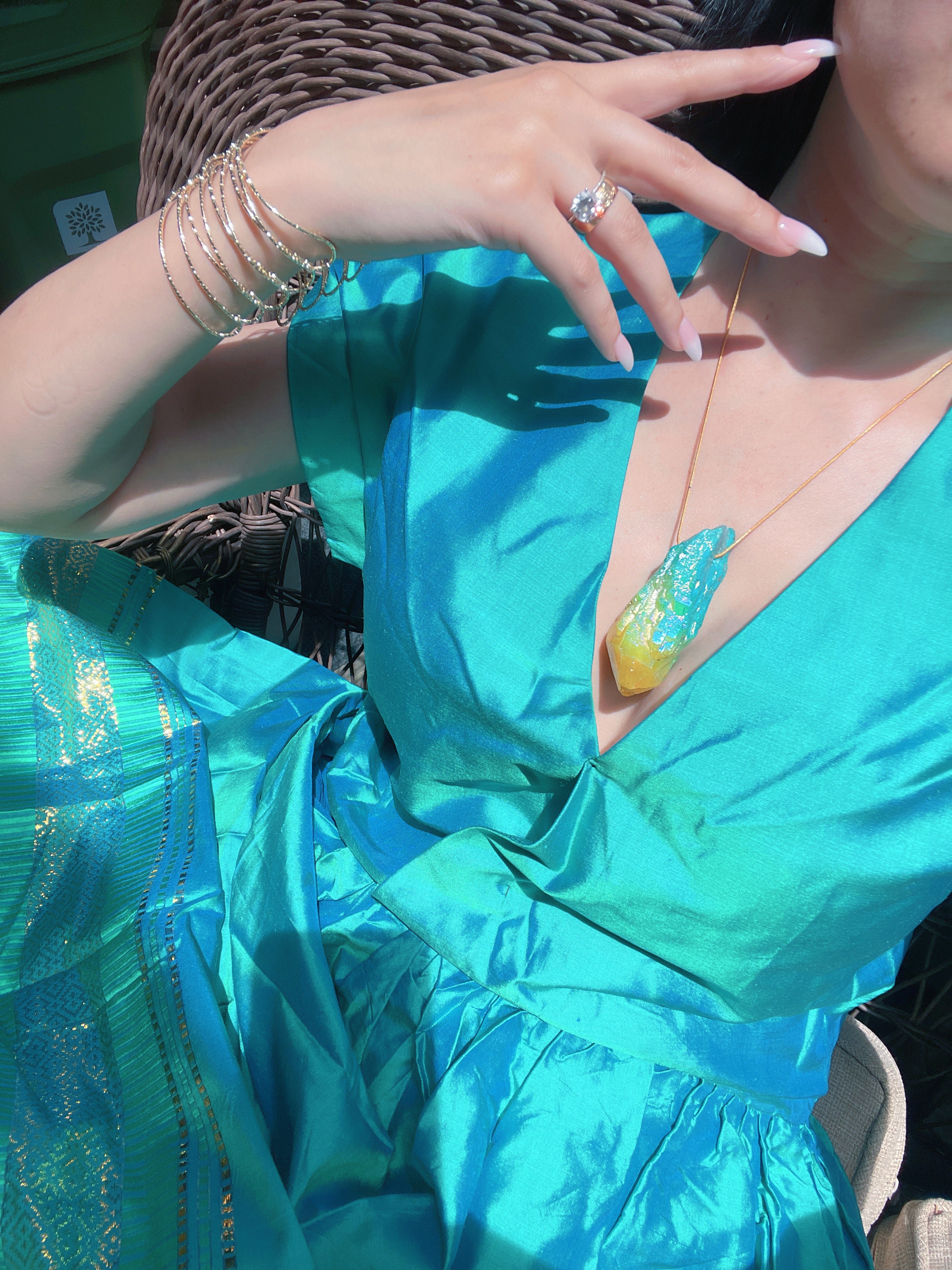 Exotic Natural Bi Color Tourmaline Necklace Pendant Ocean Blue and Yellow Brazil Gem