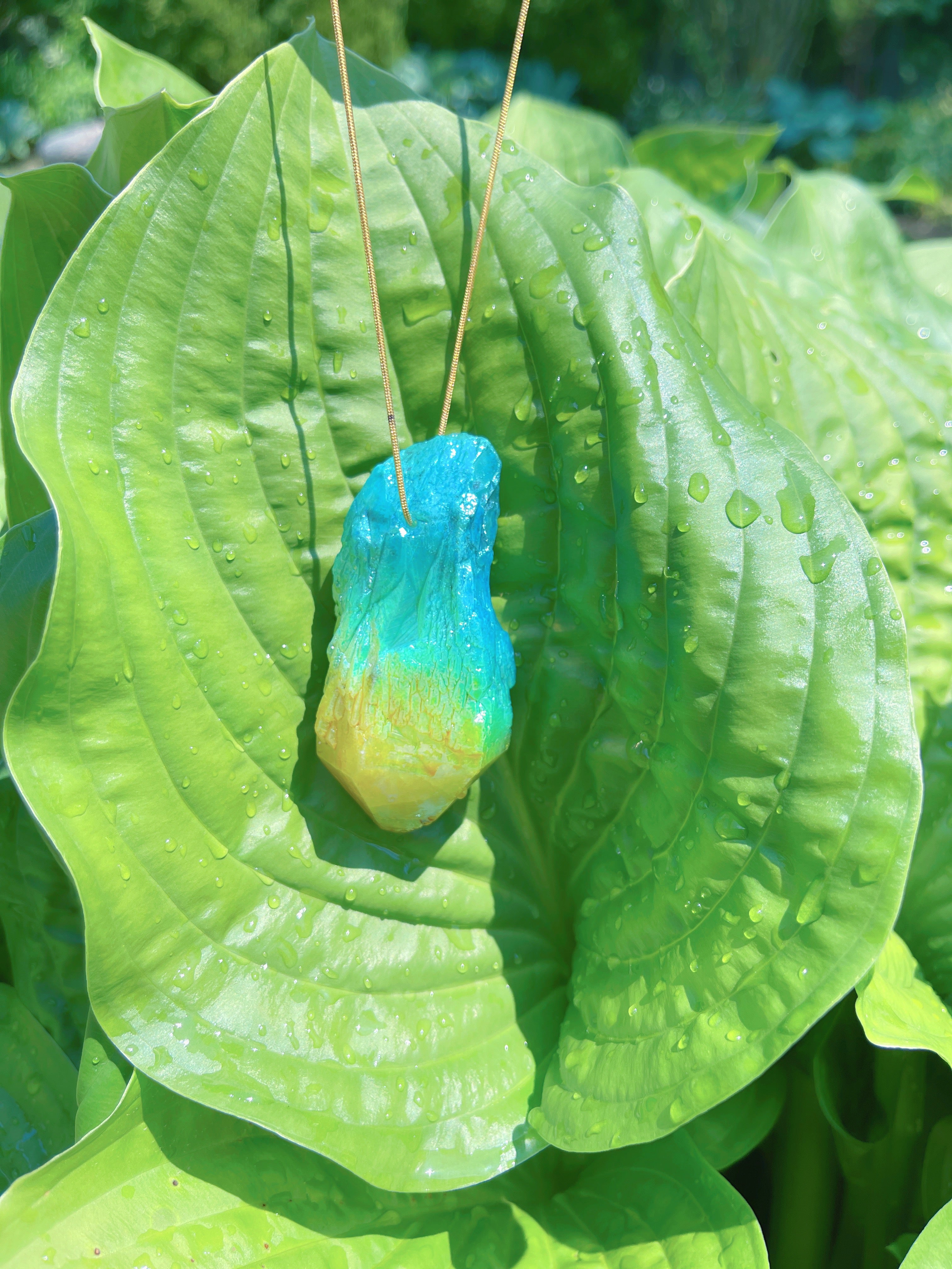 Exotic Natural Bi Color Tourmaline Necklace Pendant Ocean Blue and Yellow Brazil Gem