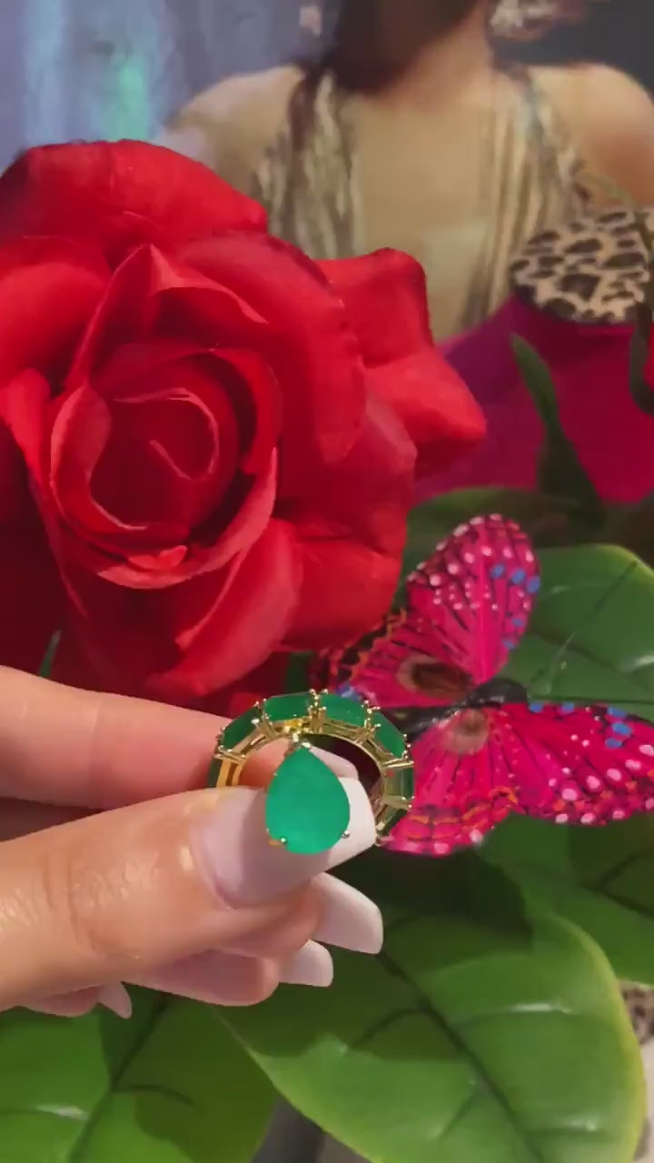 Breathtaking Natural Zambian Emerald Ring Emerald Band Dangle Drop Emerald 18K Yellow Gold Vermeil Engagement Band Ring Size 7