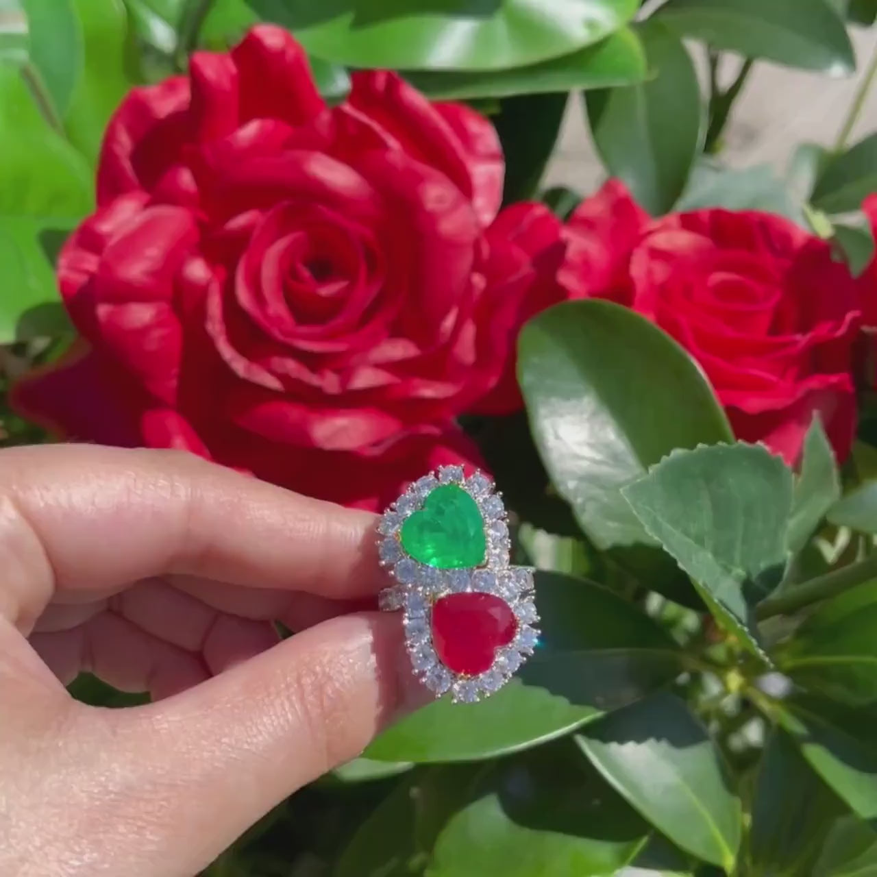 Mother &amp; Daughter, Double Heart, Ruby and Emerald Ring, July and May Birthstones, Luxury Edition, Handcrafted Masterpiece, Gift for Her