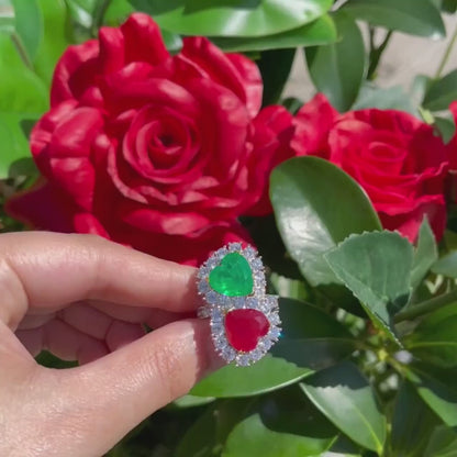 Mother &amp; Daughter, Double Heart, Ruby and Emerald Ring, July and May Birthstones, Luxury Edition, Handcrafted Masterpiece, Gift for Her