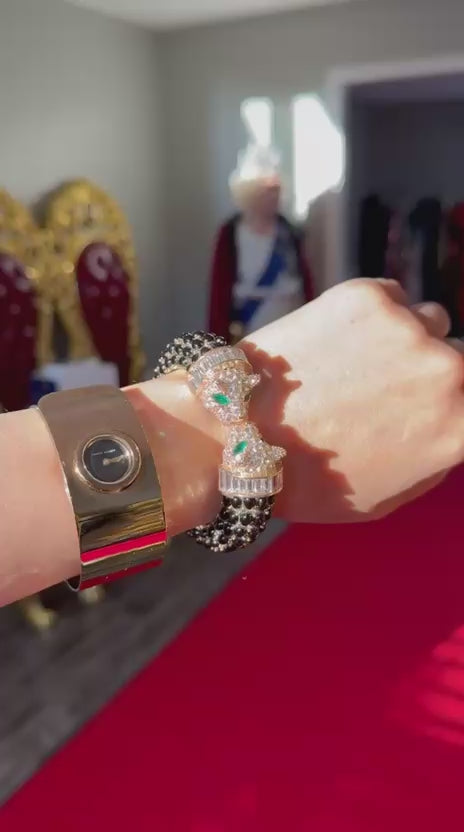 Luxurious Double Head Leopard with Black Spinel, Emeralds, Nano Crystals Bracelet Bangle