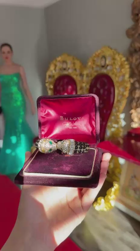 Luxurious Double Head Leopard with Black Spinel, Emeralds, Nano Crystals Bracelet Bangle