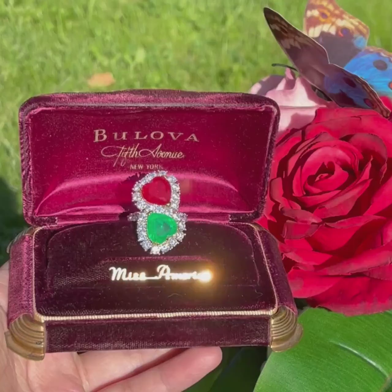 Mesmerizing Fabulous Magnificent Mother &amp; Daughter, Double Heart, Ruby and Emerald Ring, July and May Birthstones, Luxury Gift for Her