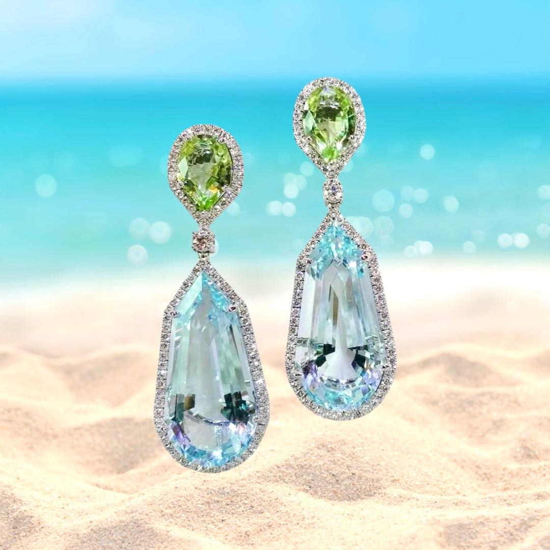 Astonishing Aquamarine Earrings Dangle and Drop Aqua Blue Aquamarine and Green Peridot Diamond Dangle Drop Earrings 925 Sterling Silver