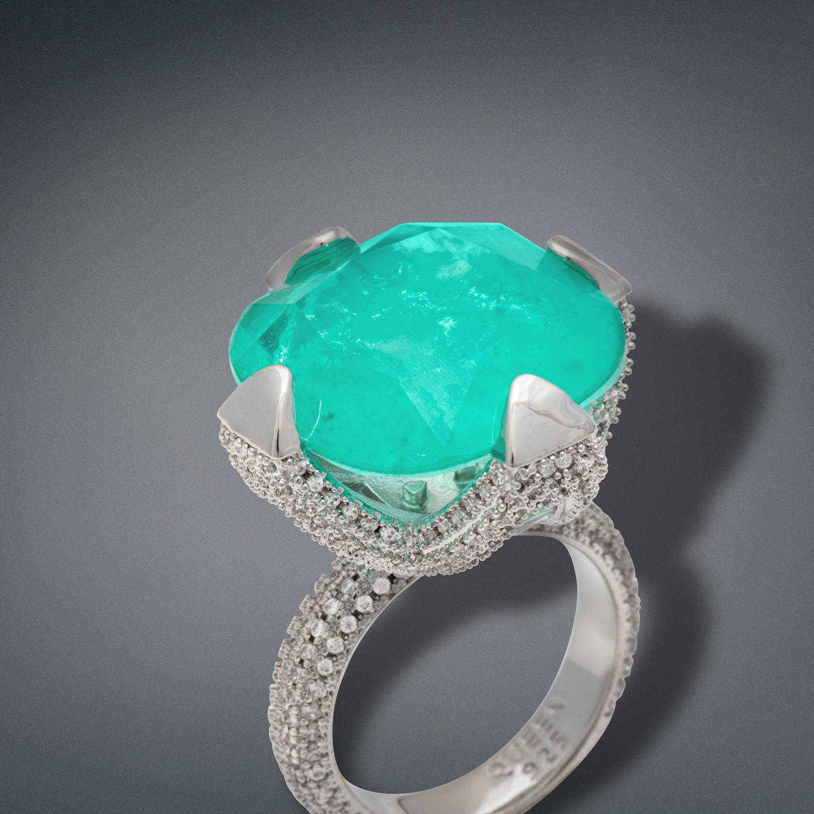 Caribbean Treasure, Luxury Ascher Cut Emerald and Diamond Ring, Magnificent piece, Glowing Neon Exotic Colombian Emerald, Size 8