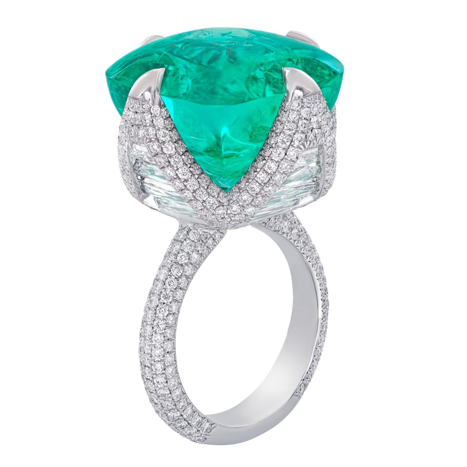 Caribbean Treasure, Luxury Ascher Cut Emerald and Diamond Ring, Magnificent piece, Glowing Neon Exotic Colombian Emerald, Size 8