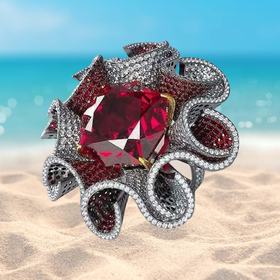 1001 Nights Queen Shaherezade Natural Crown Garnet and 1001 Diamonds Flower Blossom Ring, Luxury Masterpiece of Jewelry