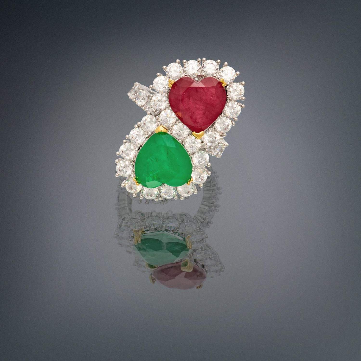 Luxury Edition, Mother &amp; Daughter, Double Heart, Ruby Emerald and Diamond Ring, July and May Birthstones, Handcrafted Piece, Gift for Her