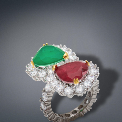 Luxury Edition, Mother &amp; Daughter, Double Heart, Ruby Emerald and Diamond Ring, July and May Birthstones, Handcrafted Piece, Gift for Her