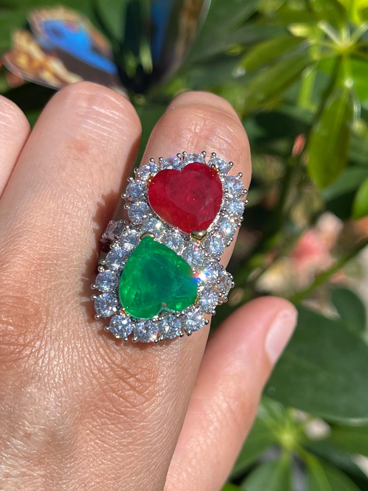 Luxury Edition, Mother &amp; Daughter, Double Heart, Ruby Emerald and Diamond Ring, July and May Birthstones, Handcrafted Piece, Gift for Her