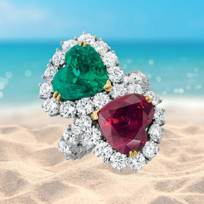 Luxury Edition, Mother &amp; Daughter, Double Heart, Ruby Emerald and Diamond Ring, July and May Birthstones, Handcrafted Piece, Gift for Her