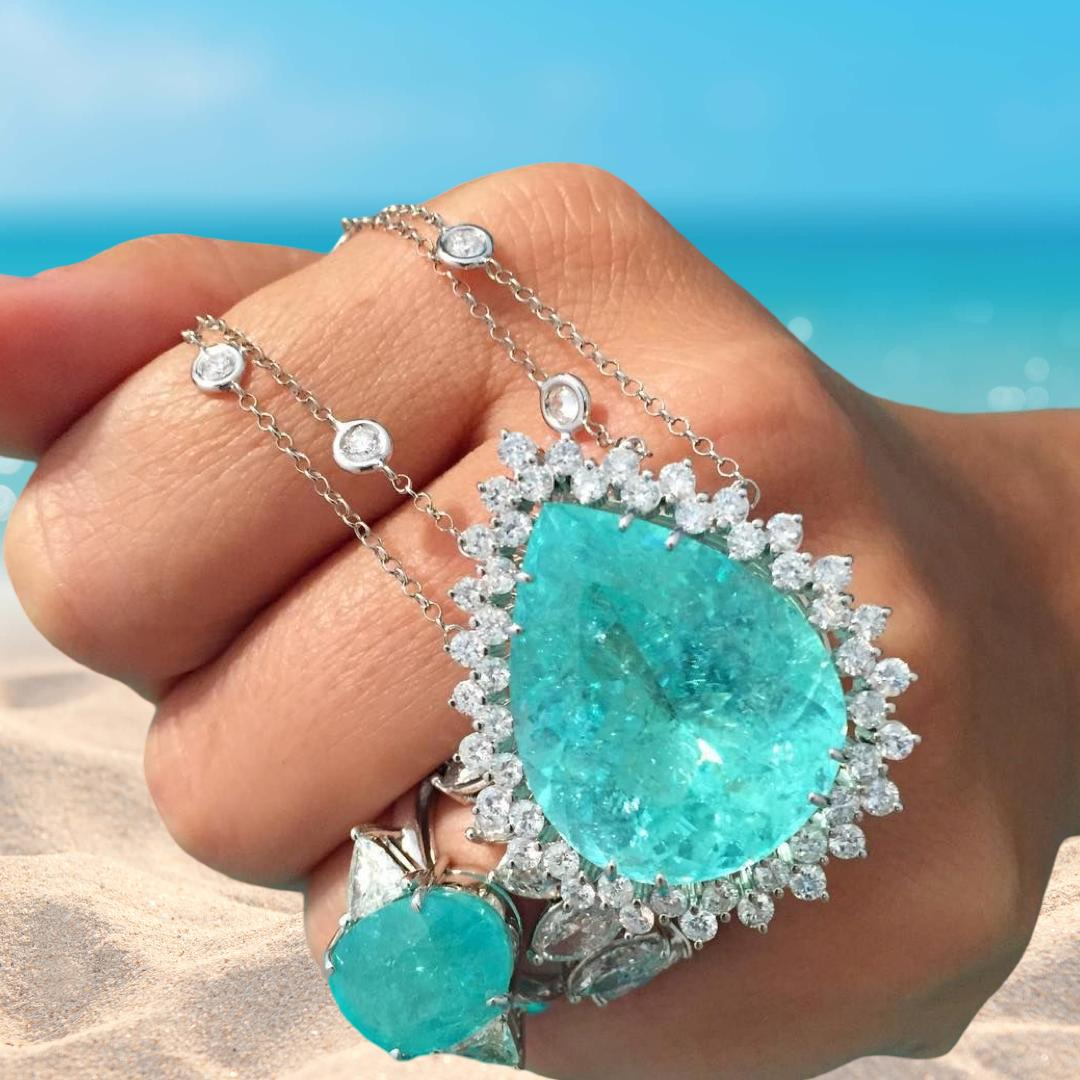 Magnificent Breathtaking Amazonka Mines Natural Paraiba Tourmaline Pear Necklace Luxury Design with double chain