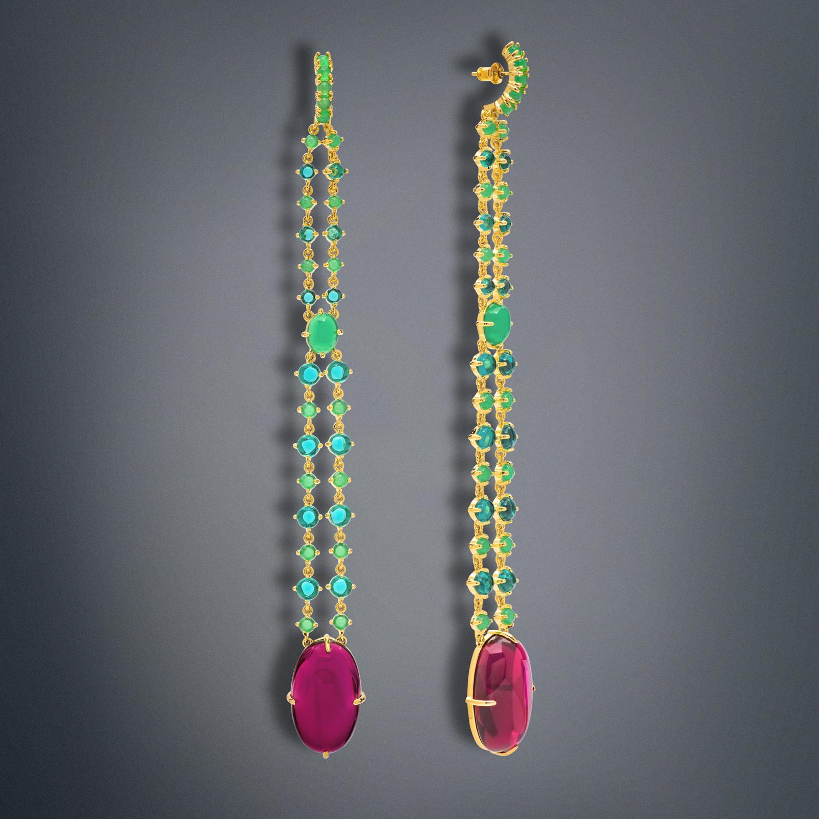 Master Craftsmanship Luxurious Natural Pink Ruby & Emerald Jade Dangle Drop Earrings Imperial Elegance Super Long 4 inches