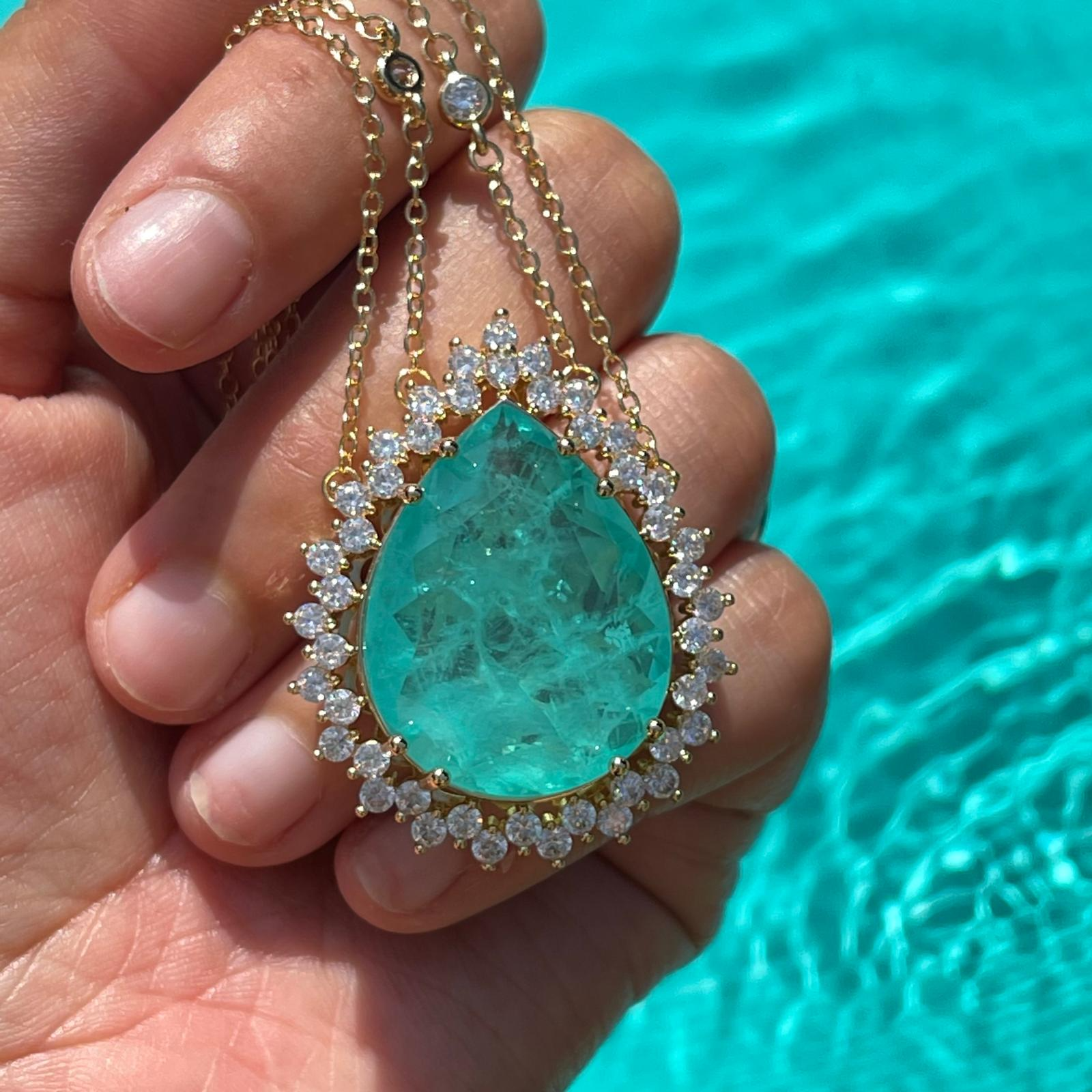Magnificent Breathtaking Amazonka Mines Natural Paraiba Tourmaline Pear Necklace Luxury Design with double chain