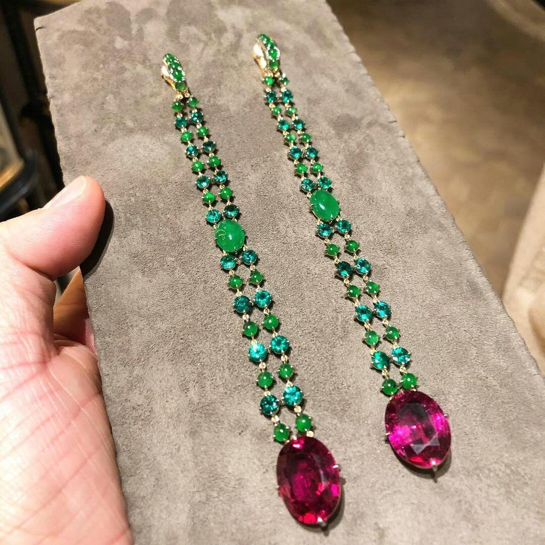 Master Craftsmanship Luxurious Natural Pink Ruby & Emerald Jade Dangle Drop Earrings Imperial Elegance Super Long 4 inches