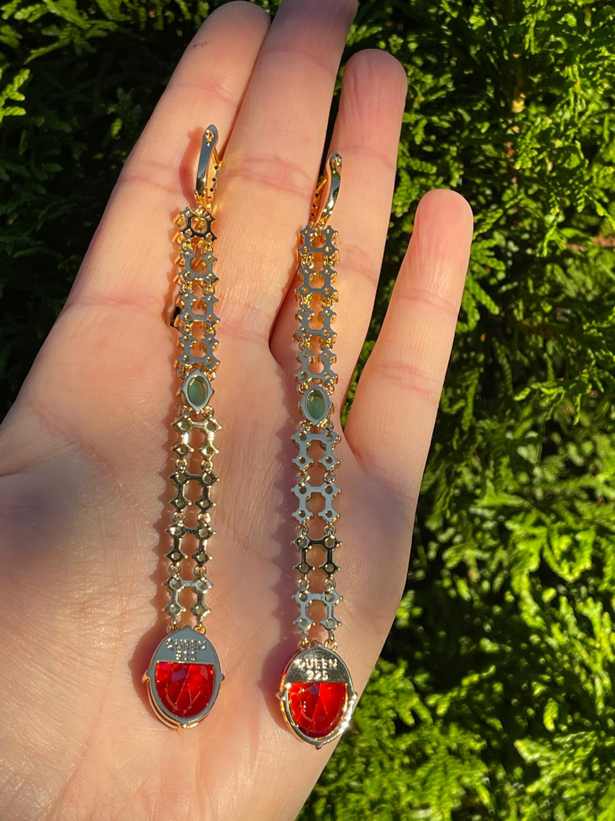 Master Craftsmanship Luxurious Natural Pink Ruby & Emerald Jade Dangle Drop Earrings Imperial Elegance Super Long 4 inches