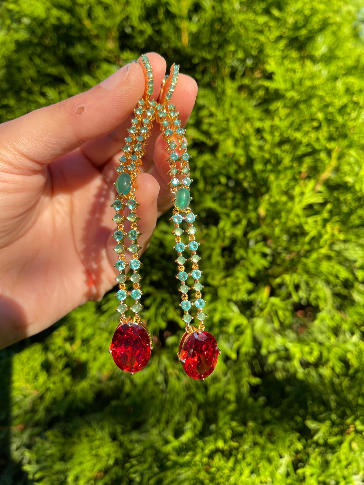 Master Craftsmanship Luxurious Natural Pink Ruby & Emerald Jade Dangle Drop Earrings Imperial Elegance Super Long 4 inches