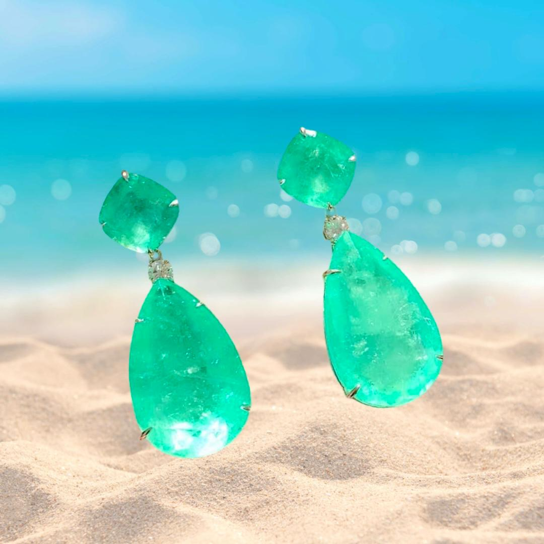 Exotic 100% Genuine Zambian Emerald Dangle &amp; Drop Earrings Jewelry 45mm long, 18K Yellow Gold Vermeil