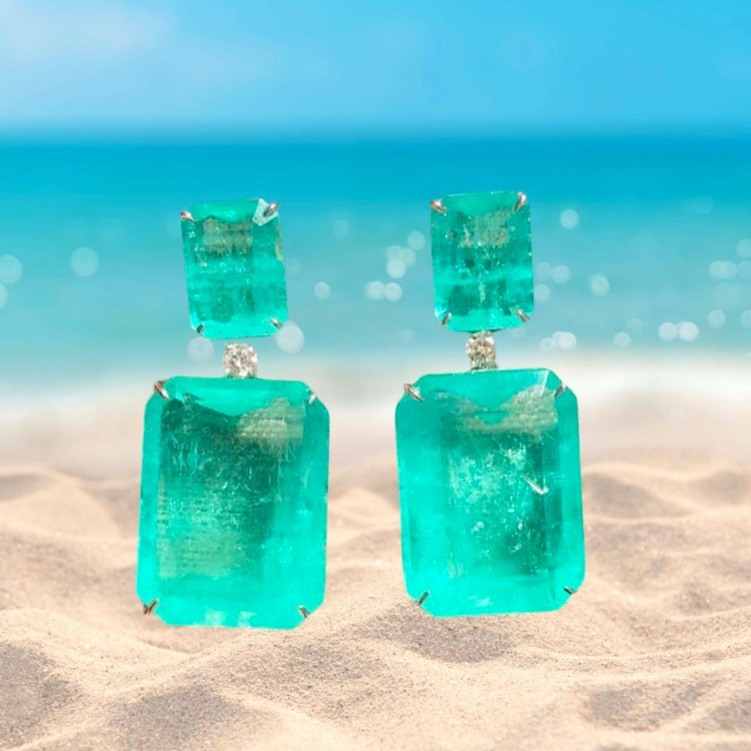 Luxury, Royal Elegance Natural Glowing Neon Green Colombian Emerald Diamond Dangle Drop Earrings Gorgeous 925 Sterling Silver